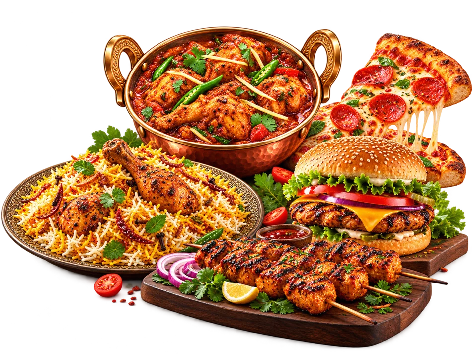 Karahi, pizza, biryani, burger and BBQ food selection